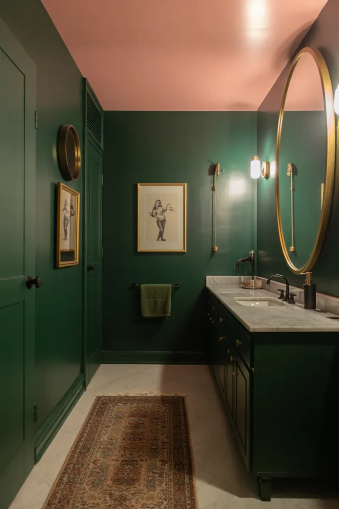 Pink Ceiling With Deep Green Walls