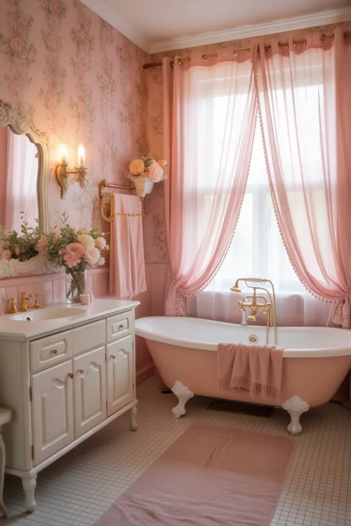  Pink Floral Wallpaper Retro Bathroom