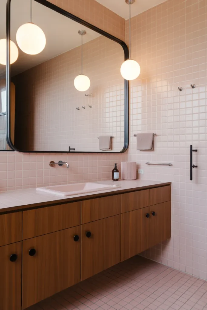  Mid-Century Pink Bathroom With Wood Details