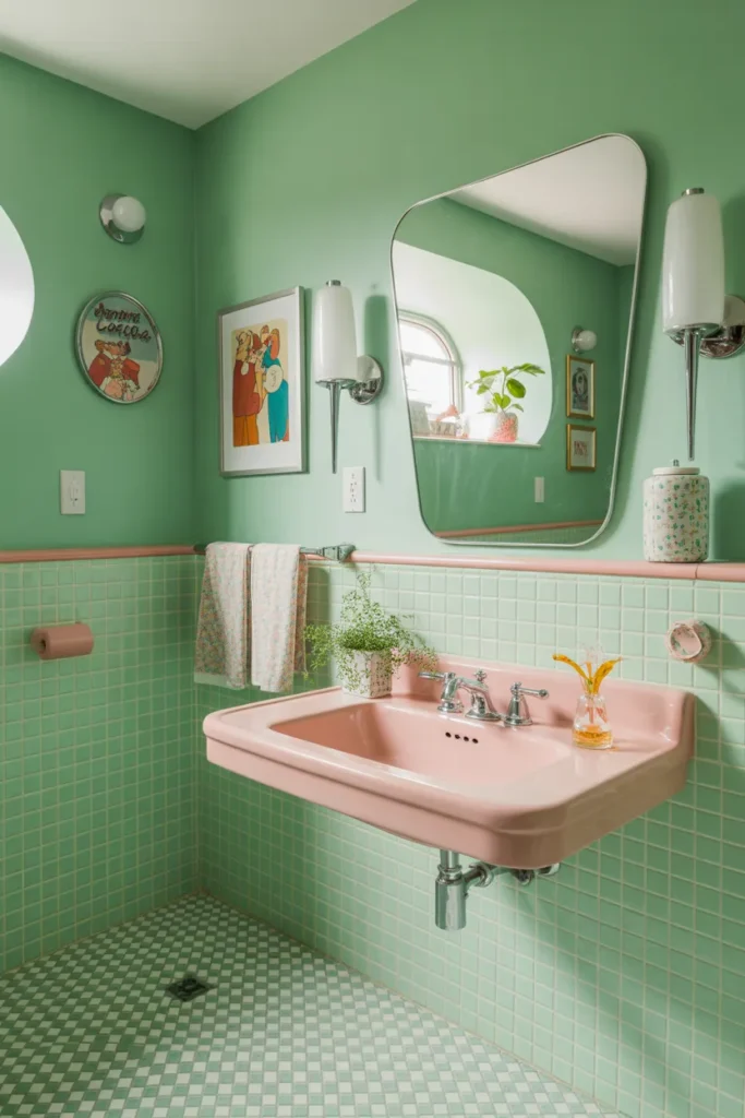 Retro Pink Sink With Green Checkerboard Floor