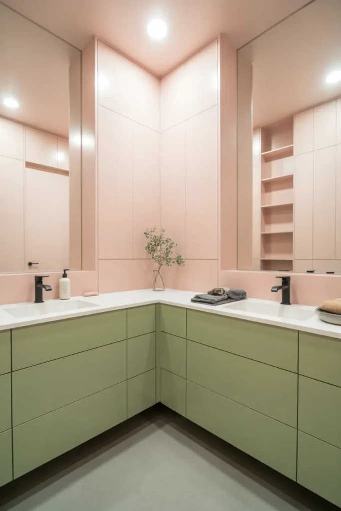 Modern Minimalist Pink and Green Bathroom