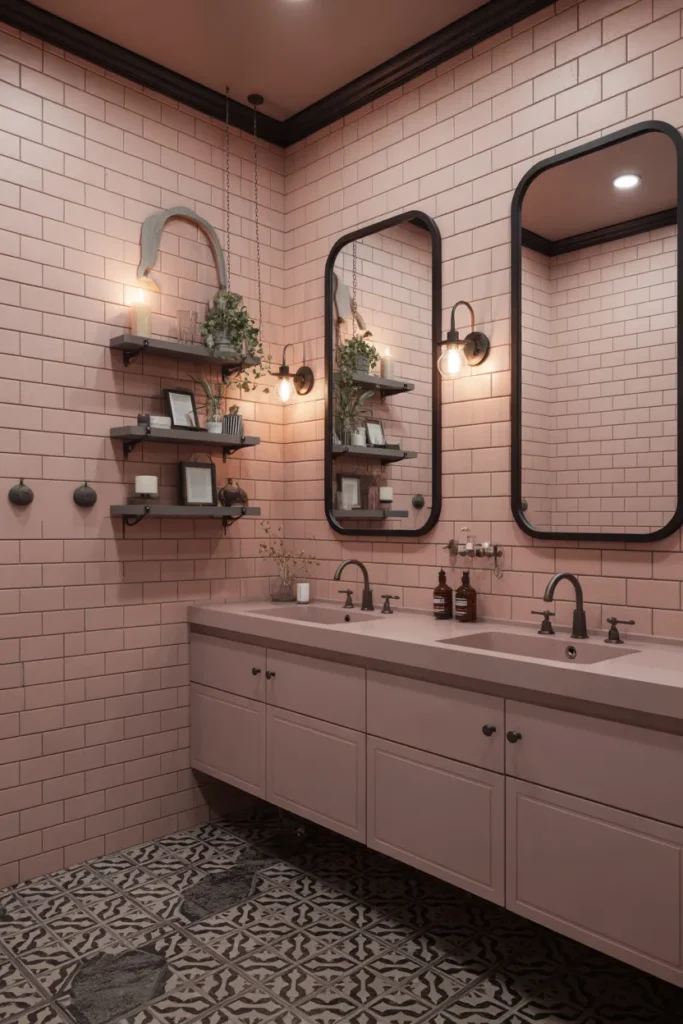   Vintage Pink Bathroom With Black Accents
