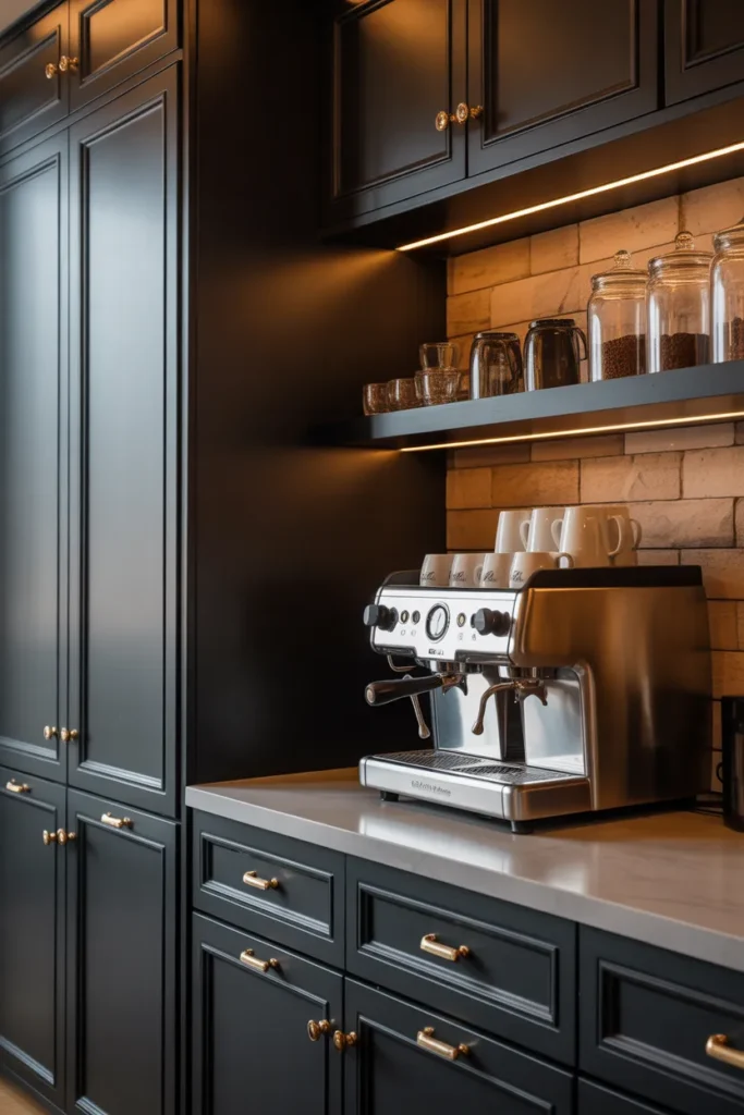  Coffee Station with Black Cabinets and Brass Hardware