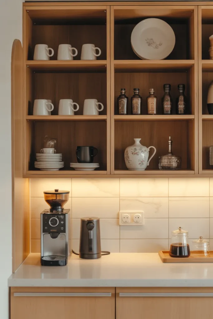 Coffee Station with Open Wood Cabinets
