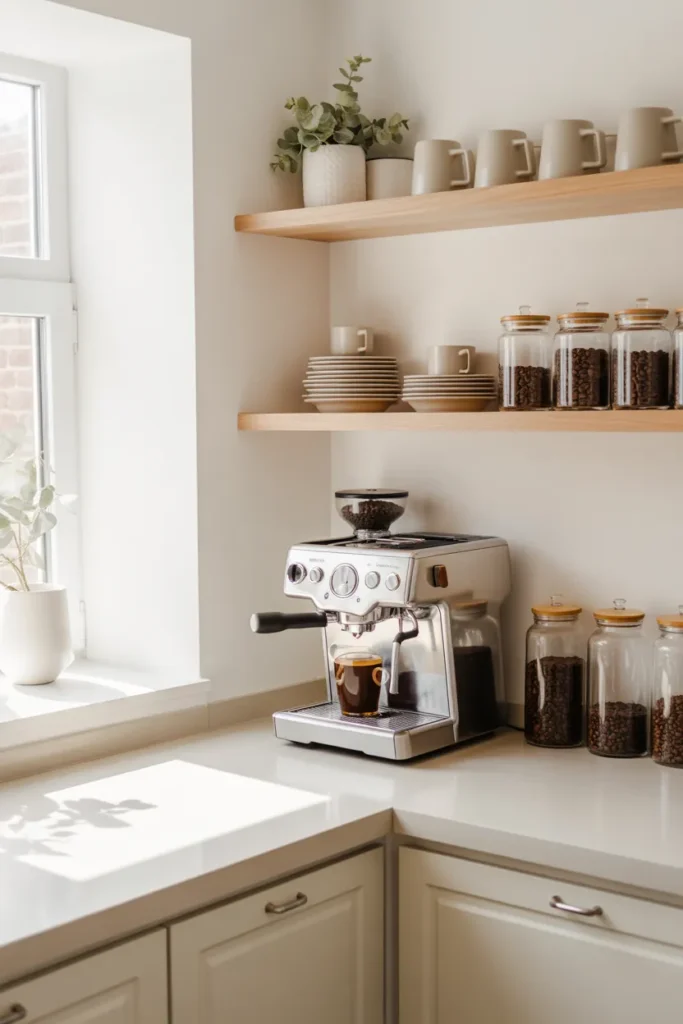  Minimalist White Coffee Station with Floating Shelves
