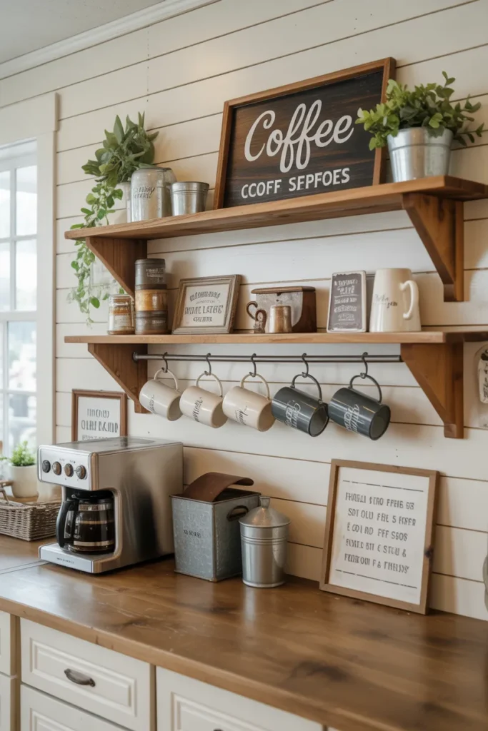  Rustic Farmhouse Coffee Bar with Vintage Charm