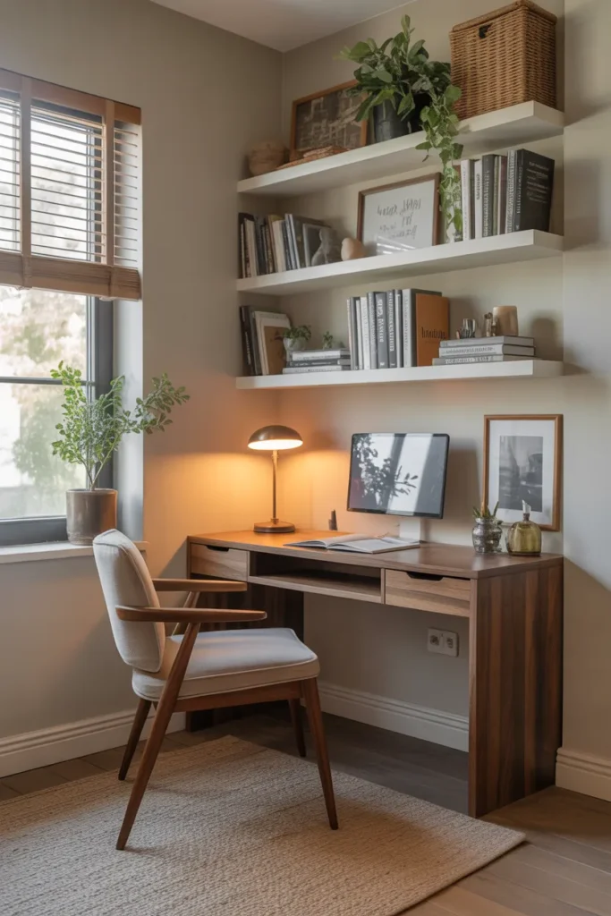 Corner Desk Nook with Floating Shelves