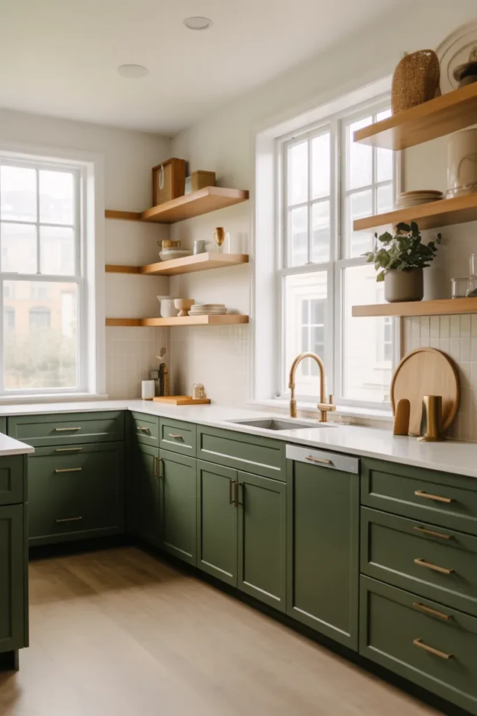 Matte Dark Green Cabinets with Warm Wood Accents