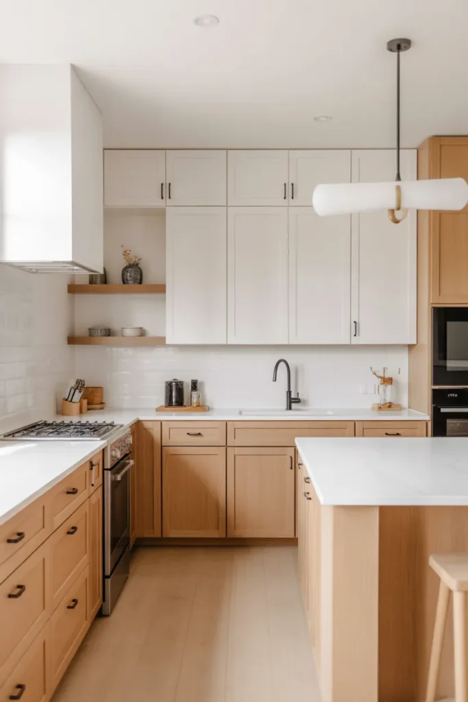  Minimalist White Oak Cabinets with White Quartz Countertops