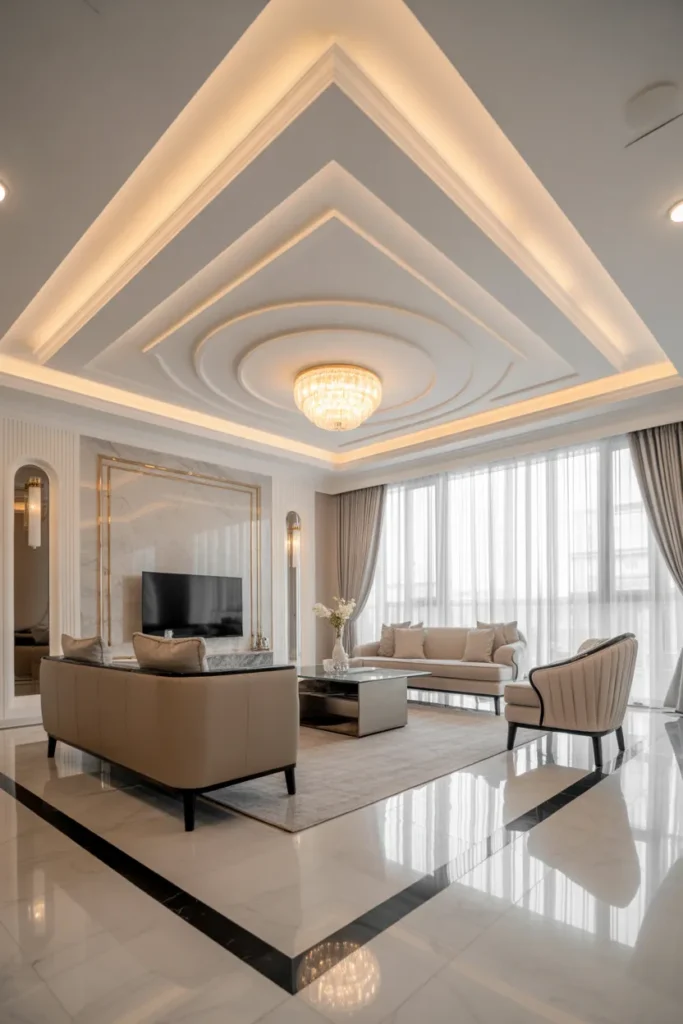 Modern Coffered False Ceiling with Gold Accents