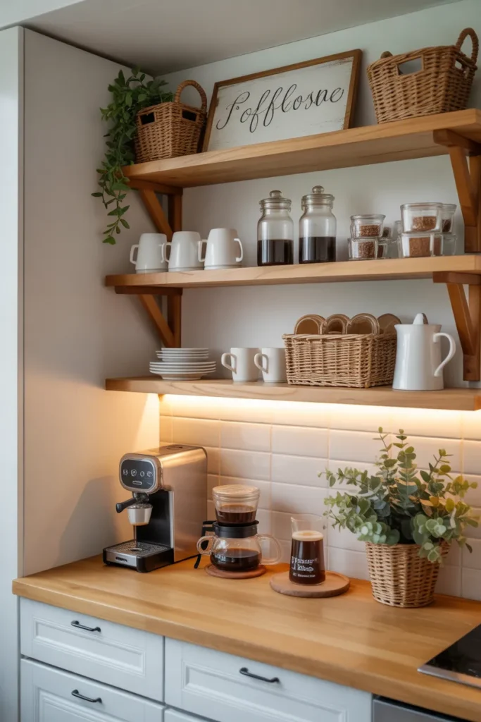  Rustic Wooden Coffee Station with Open Shelves