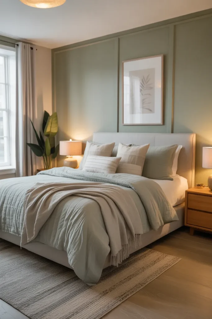   Sage Green Walls With Soft Gray Bedding