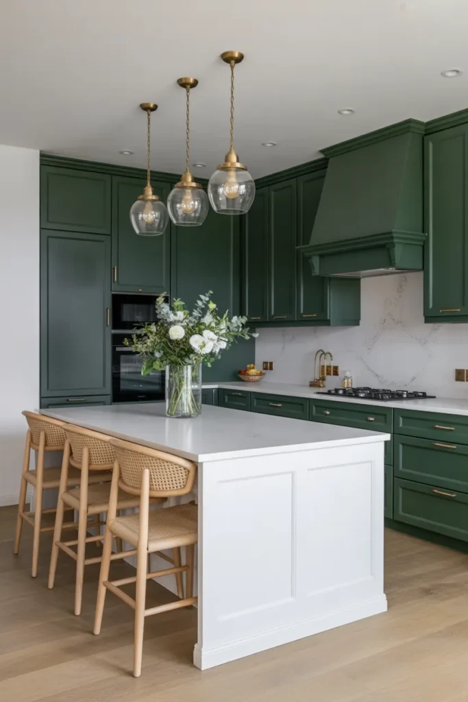 Dark Green Cabinets with a White Kitchen Island