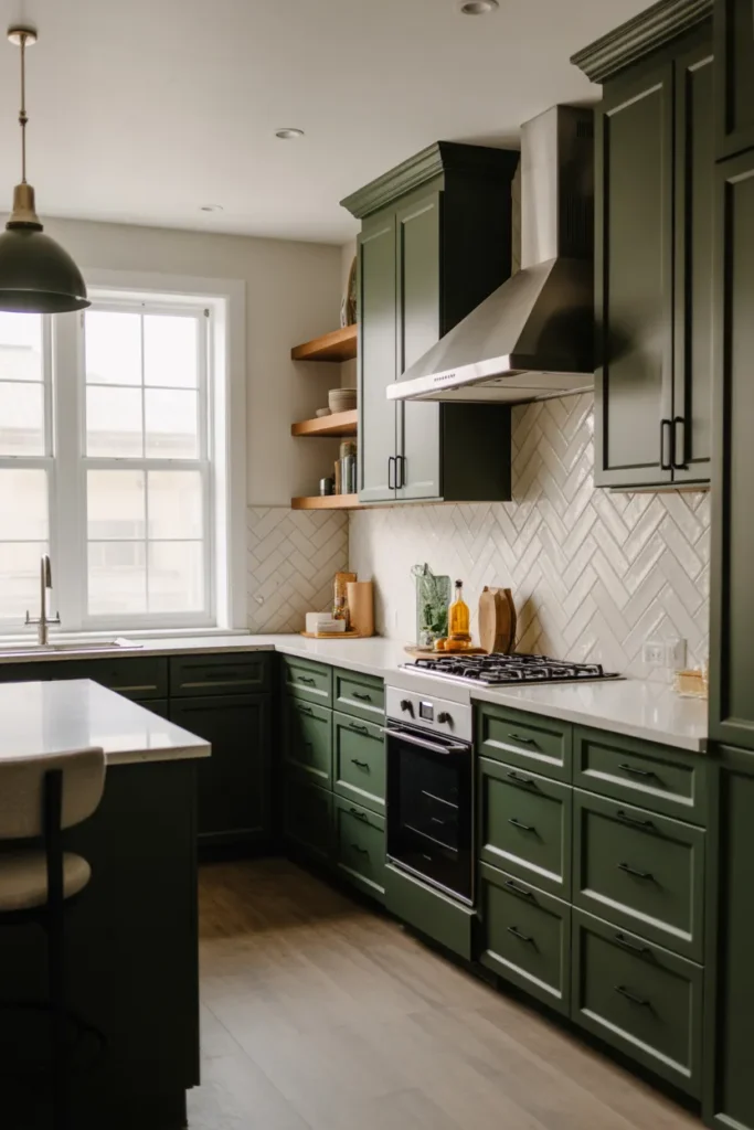 Dark Green Cabinets with Herringbone Backsplash