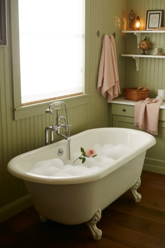 Green Beadboard with Pale Pink Decor