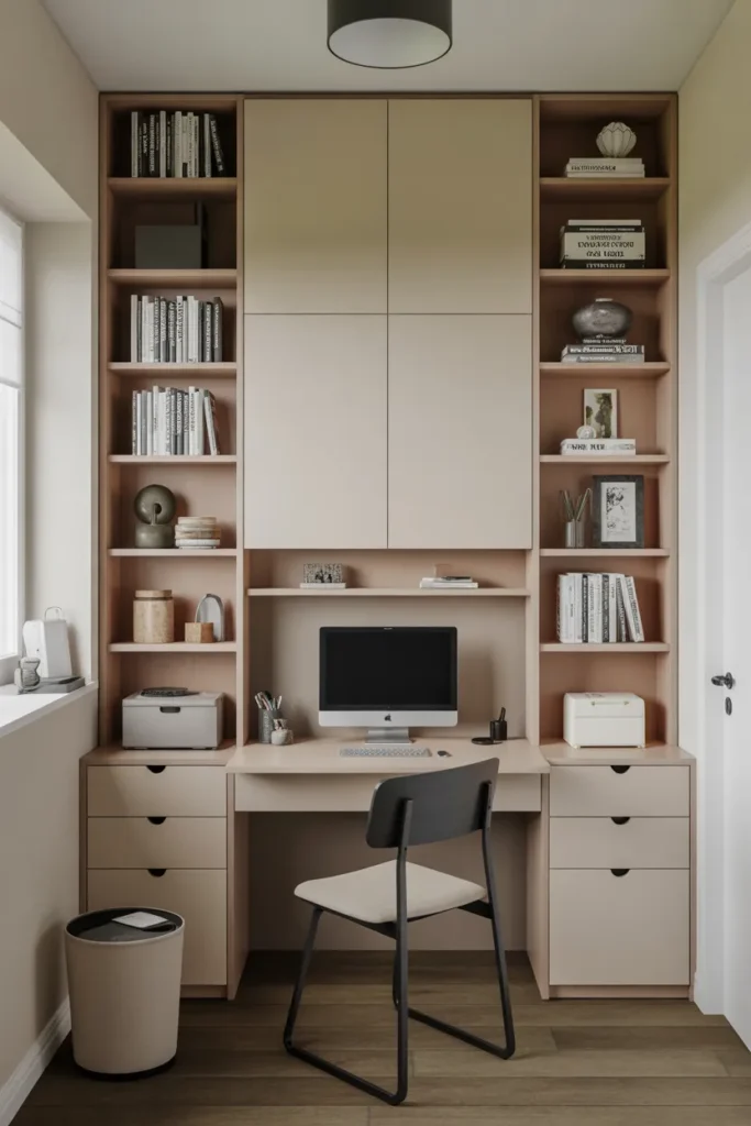 Home Office with Vertical Storage Wall