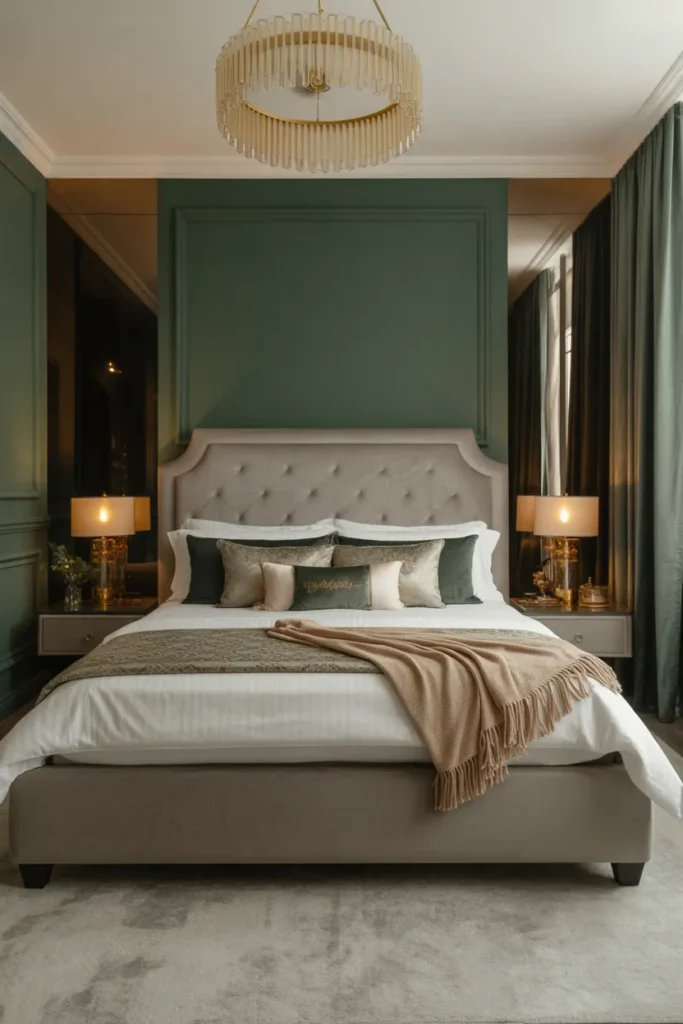   Luxury Green and Gray Bedroom With Gold Touches