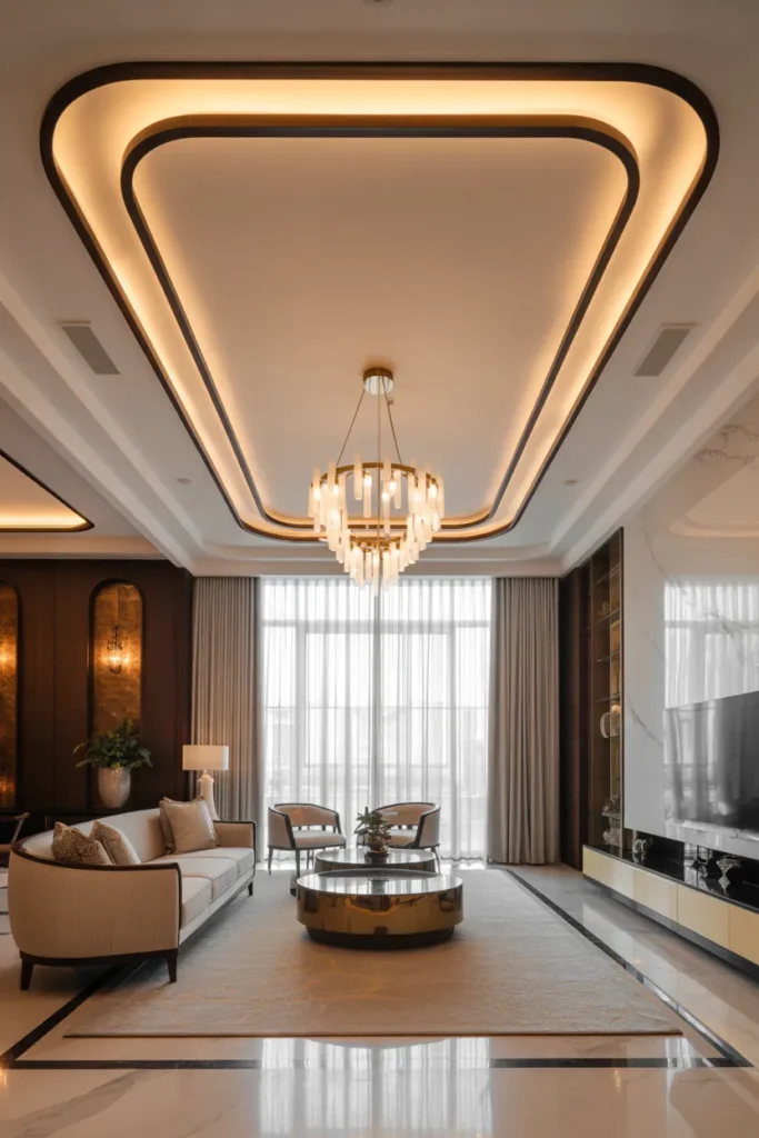 Rectangular Recessed Ceiling with Modern Chandelier