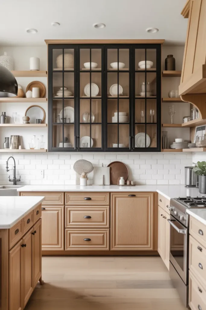  White Oak Cabinets with Black-Framed Glass Doors