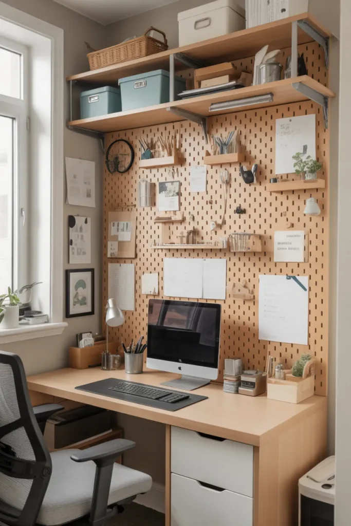  Compact Home Office with Pegboard Organization