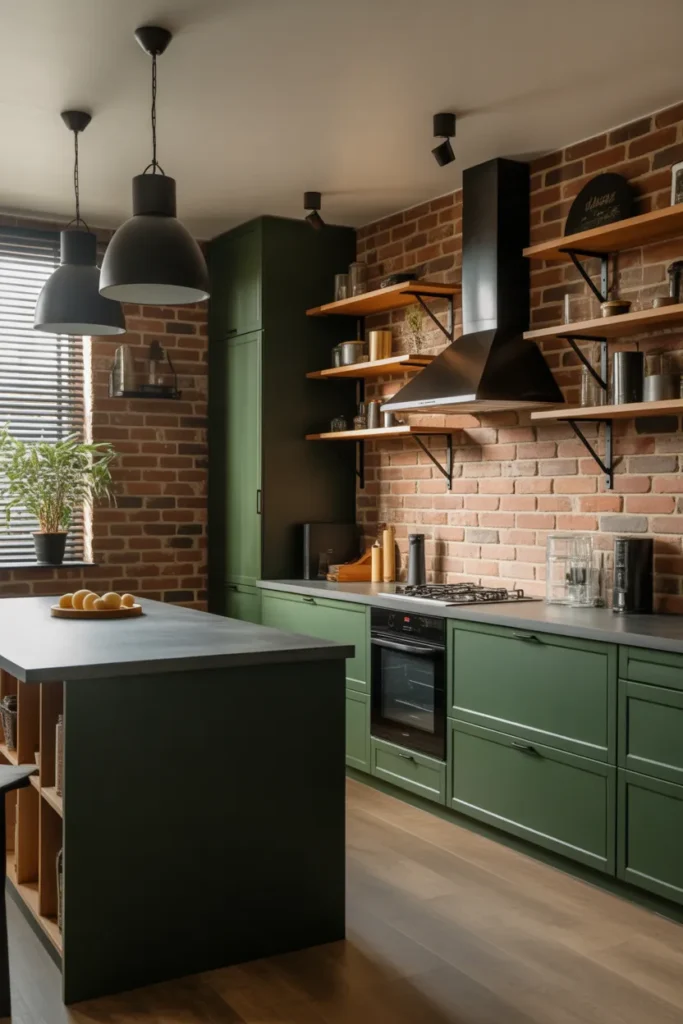 Dark Green Cabinets with Industrial Style Lighting