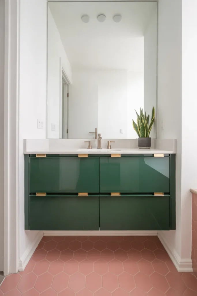 Pink Hexagon Tiles and Forest Green Vanity