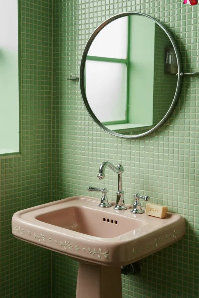 Vintage Pink Sink with Green Mosaic Tiles