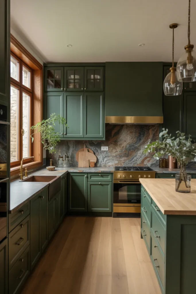 Dark Green Cabinets with Natural Stone Countertops