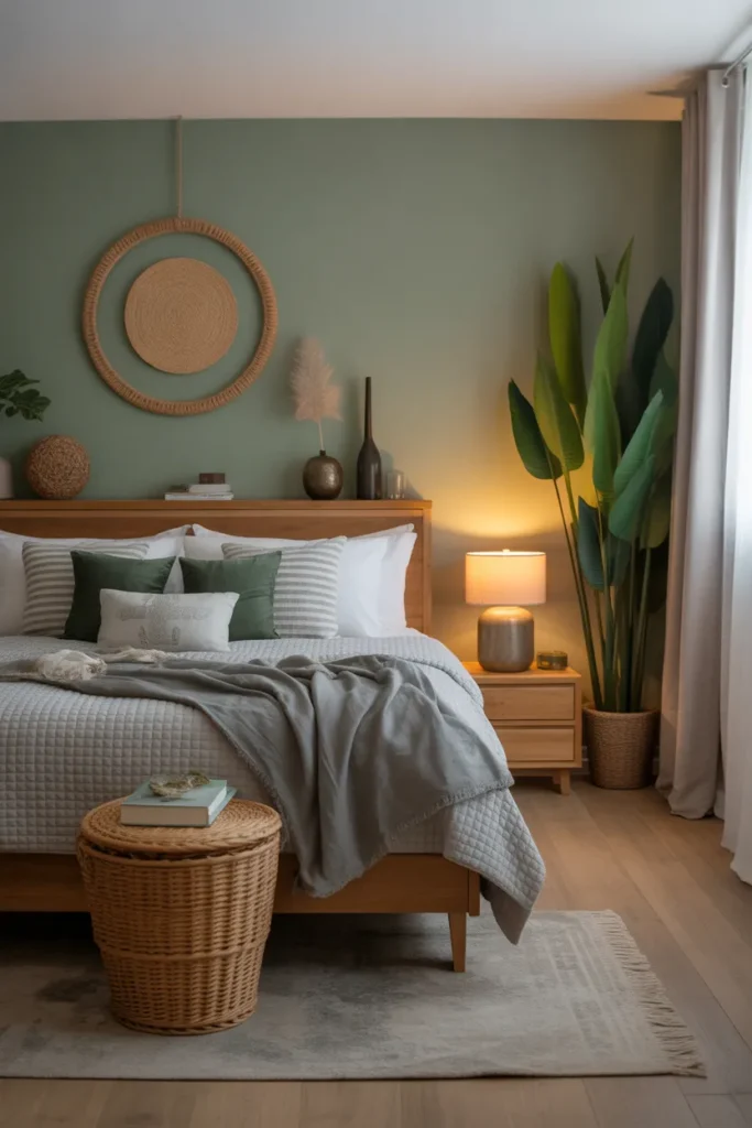  Green and Gray Bedroom With Natural Wood Elements