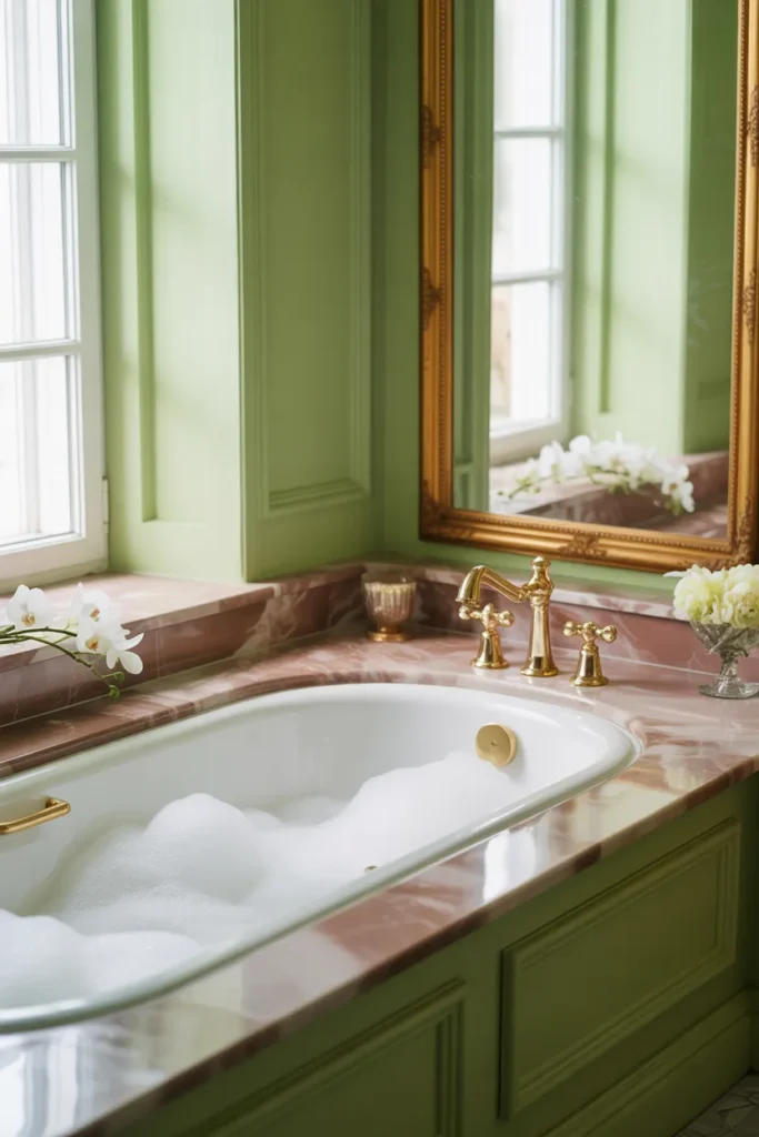Soft Green Walls with Pink Marble Countertops