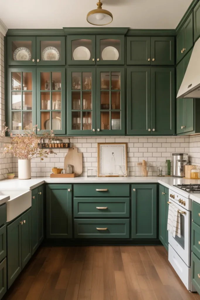 Dark Green Cabinets with Glass Front Doors