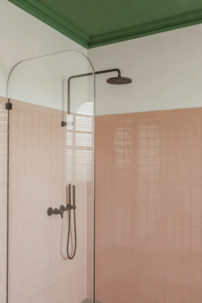 Pink Shower Tiles with Green Ceiling