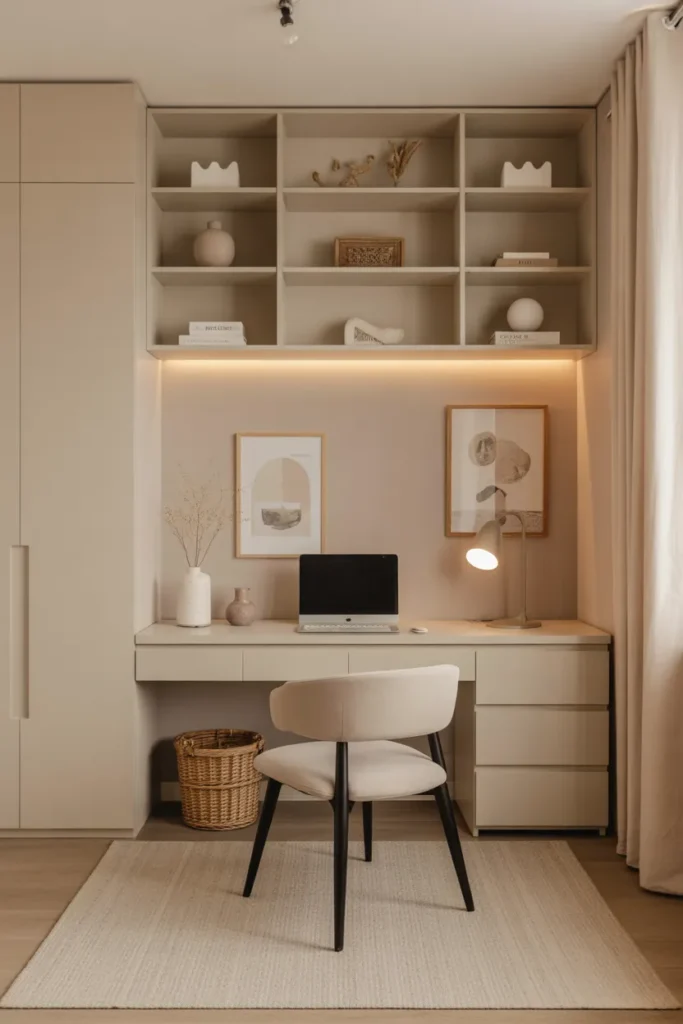  Soft Neutral Office with Hidden Storage Solutions