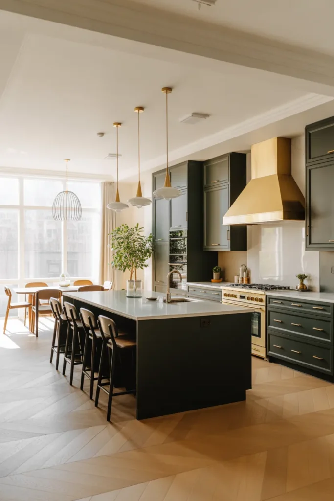 Dark Green Cabinets with a Waterfall Island