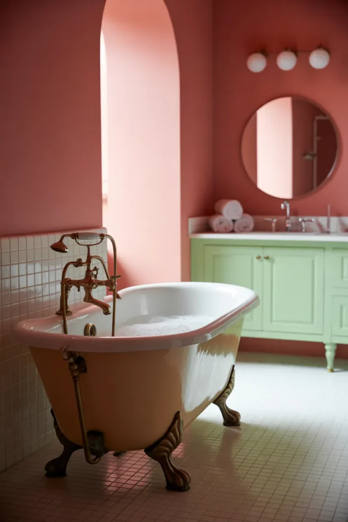 Mint Green Vanity with Rosy Pink Walls