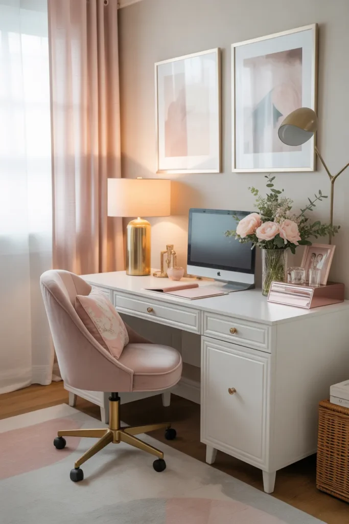   Pink and White Home Office with Feminine Elegance