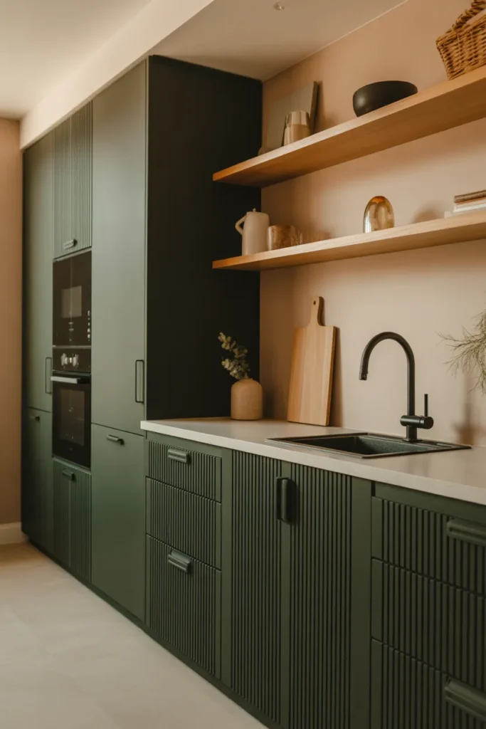 Dark Green Cabinets with Vertical Slat Details