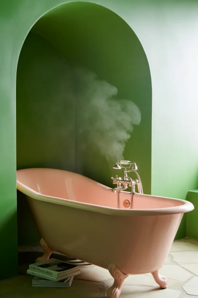 Green Arch Alcove with Pink Bathtub