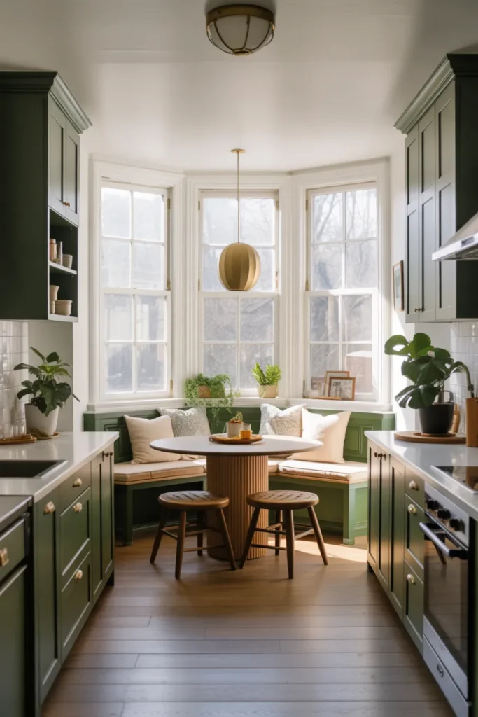 Dark Green Cabinets with a Cozy Breakfast Nook