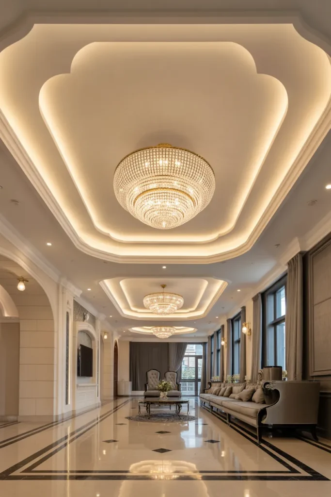 Grand False Ceiling with Multiple Chandeliers