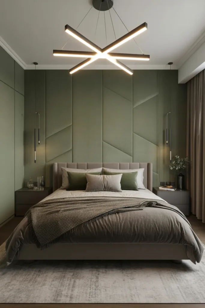  Green and Gray Bedroom With Statement Lighting