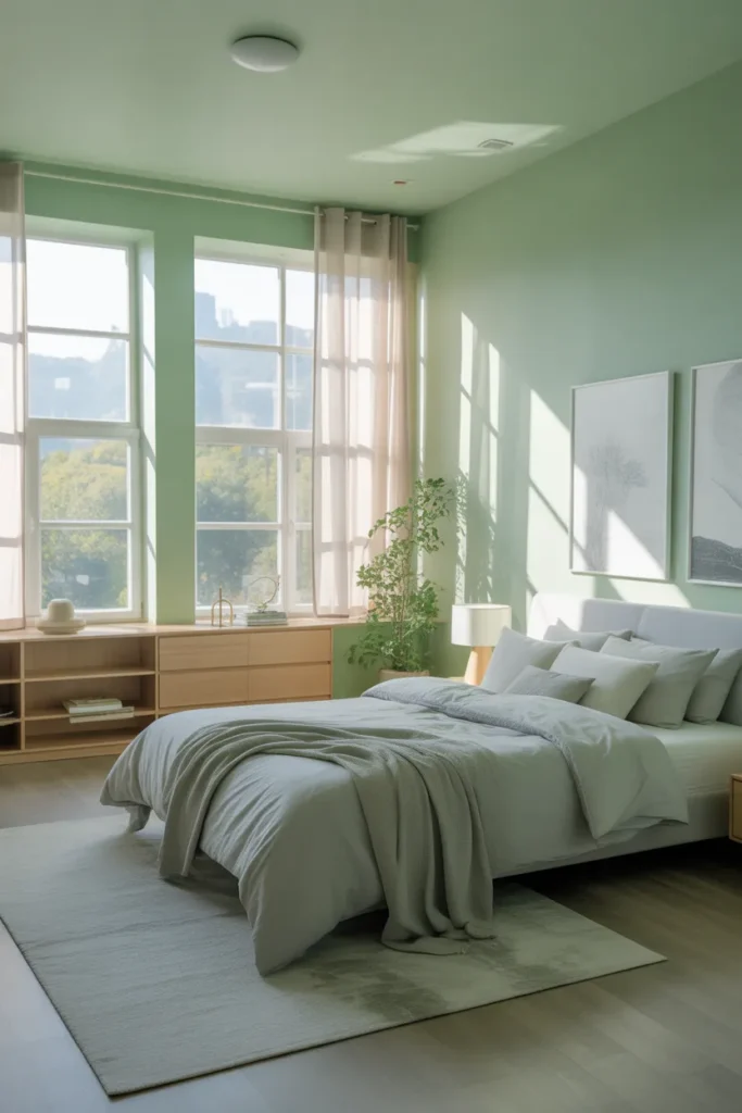  Airy Green and Gray Bedroom With Large Windows