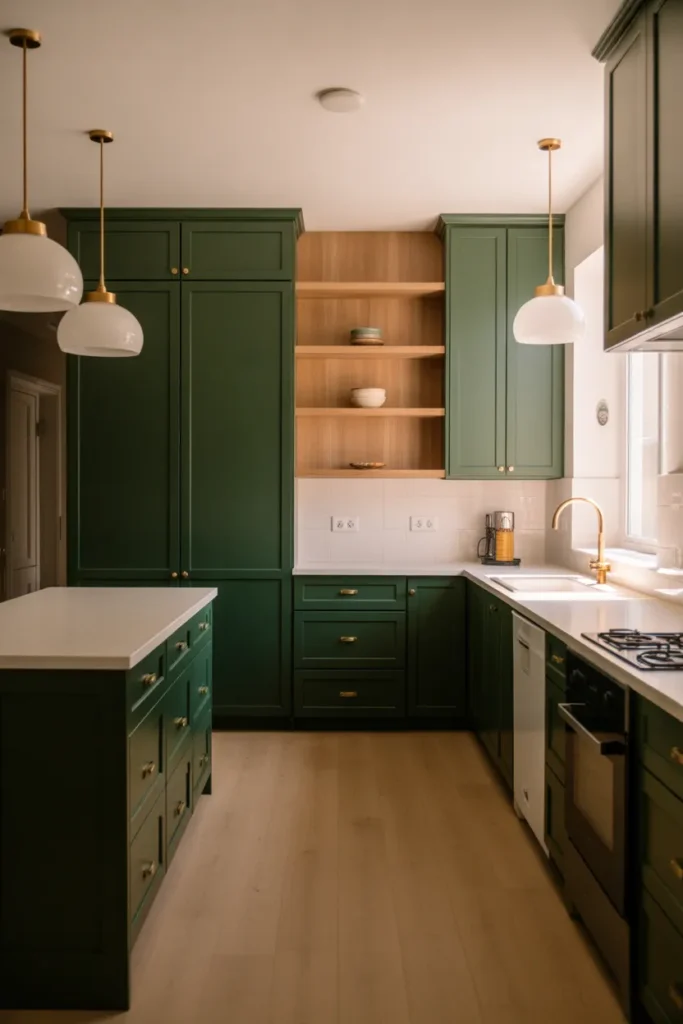 Dark Green Cabinets with White Oak Accents