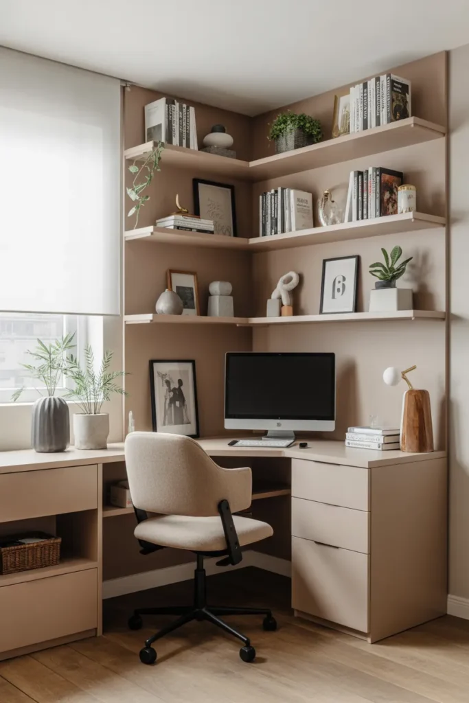Floating Corner Shelves Office Setup