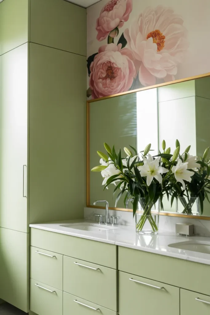 Sage Green Cabinets with Pink Floral Art