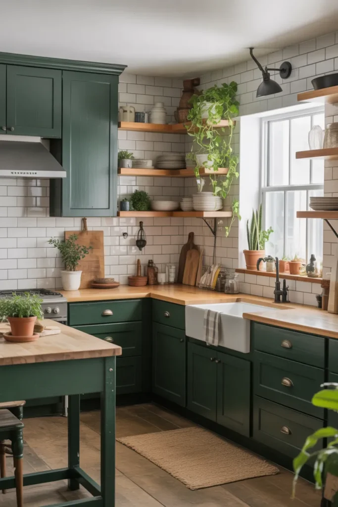 Dark Green Shaker Cabinets with White Subway Tile