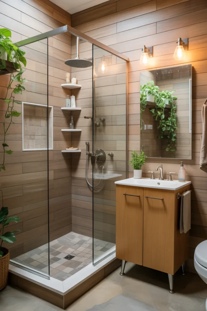  Natural Wood and Stone Shower Design
