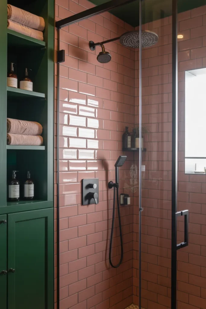 Pink Subway Tiles with Deep Green Accents