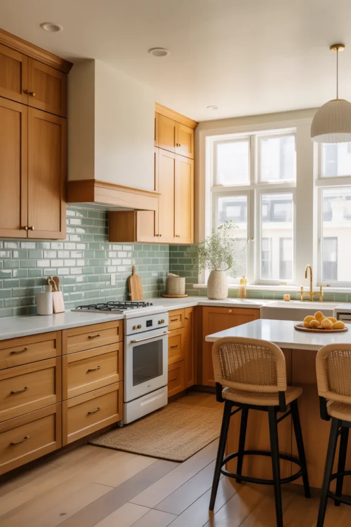  White Oak Cabinets with a Sage Green Backsplash