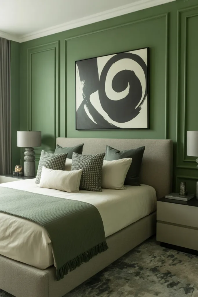  Chic Green and Gray Bedroom With Modern Art
